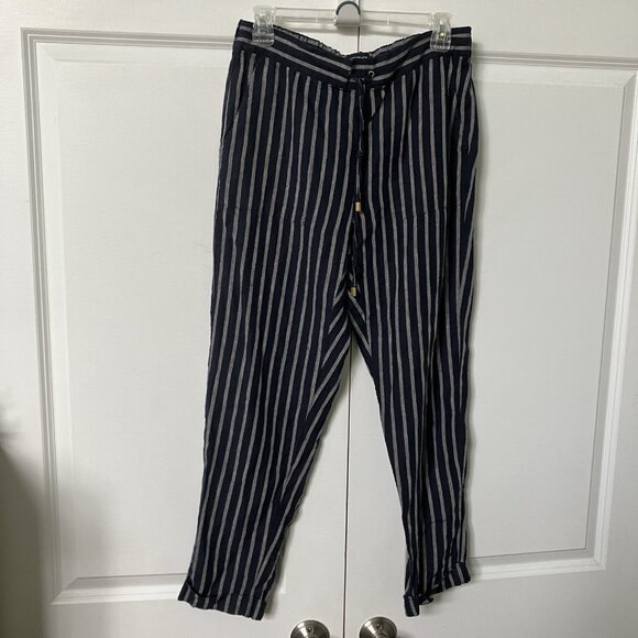 Ellen Tracy Linen Pants Womens S Blue Stripe Cropped Coastal Drawstring Boho - Picture 2 of 10